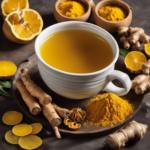 An image showcasing a steaming mug of vibrant yellow turmeric and ginger tea, with swirls of aromatic steam rising, surrounded by fresh ginger slices and whole turmeric roots
