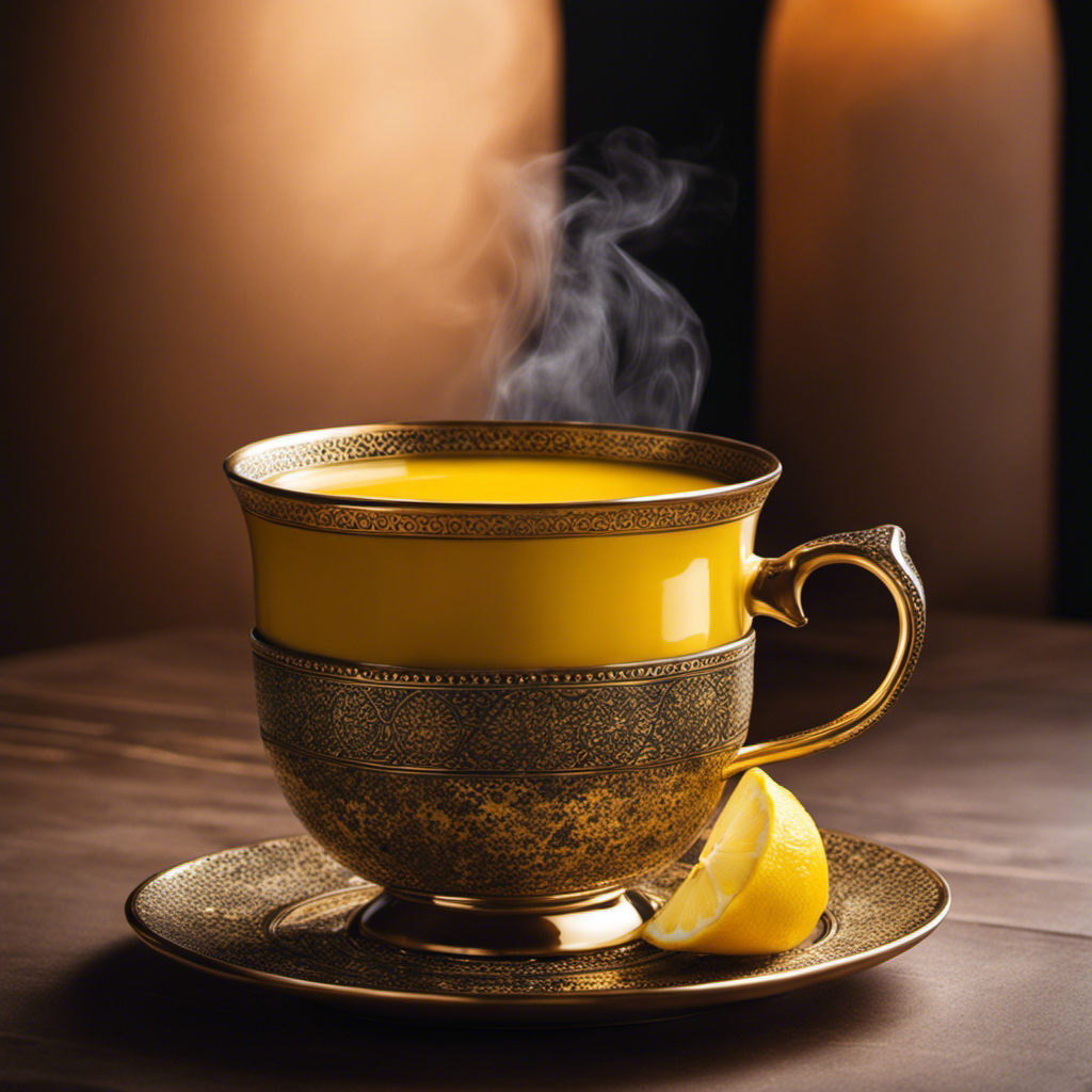 An image showcasing a steaming cup of golden turmeric tea, adorned with a sprinkle of black pepper and a vibrant lemon slice