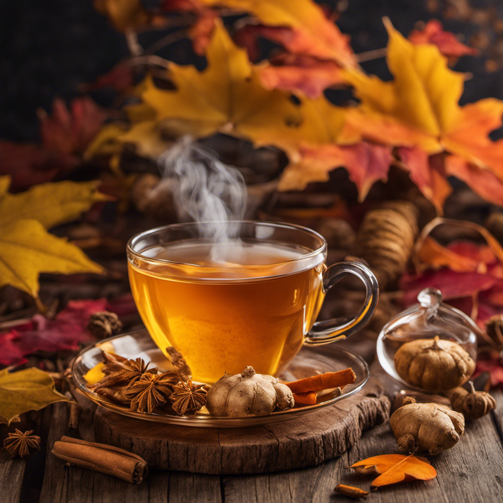 An image showcasing a cozy scene with a steaming cup of ginger and turmeric tea on a wooden table, surrounded by vibrant autumn leaves, hinting at the perfect moment to savor this warming beverage