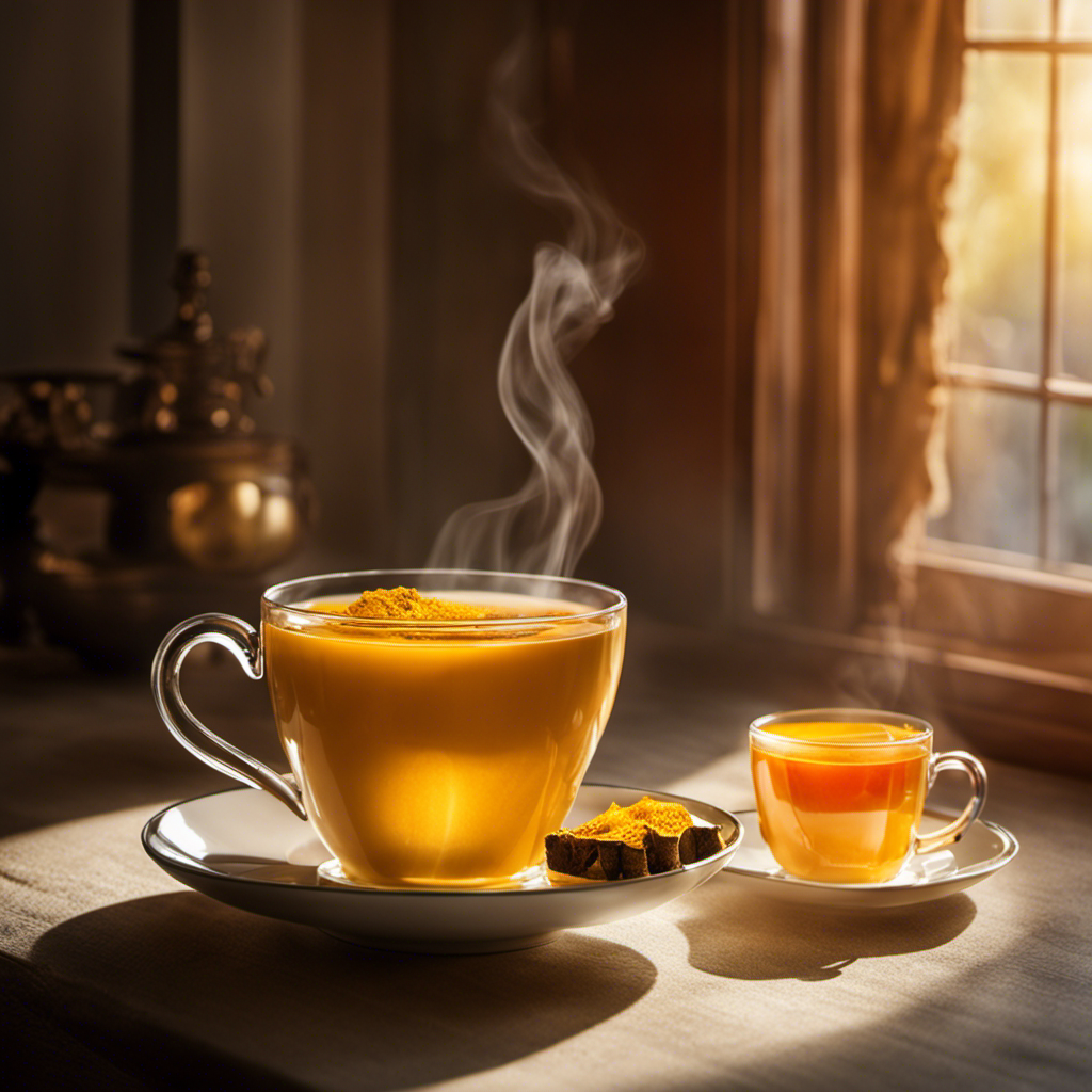 An image showcasing a serene morning scene with a steaming cup of turmeric ginger tea