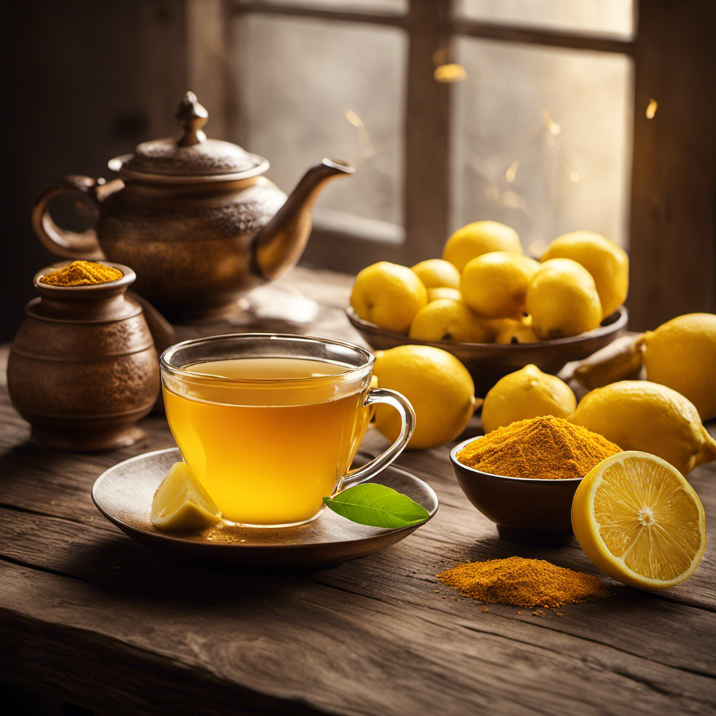 An image that showcases a serene morning scene, with a steaming cup of golden turmeric tea on a wooden table, surrounded by fresh turmeric roots, lemon slices, and a gentle ray of sunlight filtering through a window
