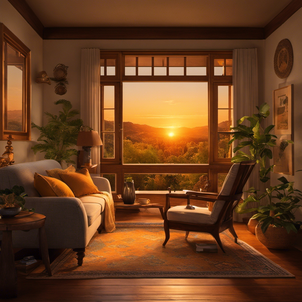 An image depicting a serene evening scene with a warm sunset bathing a cozy living room, where a person peacefully sips turmeric tea