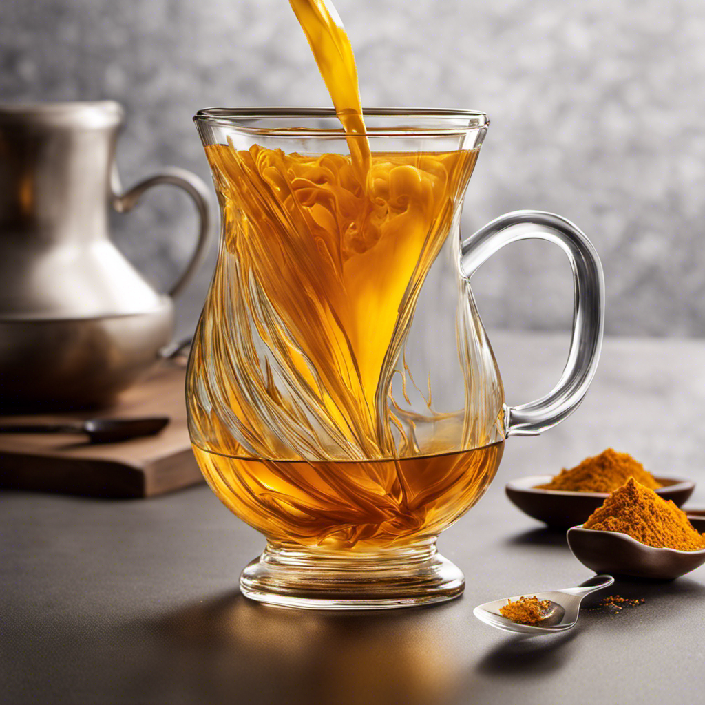 An image capturing a vibrant cup of turmeric tea being poured into a transparent glass mug