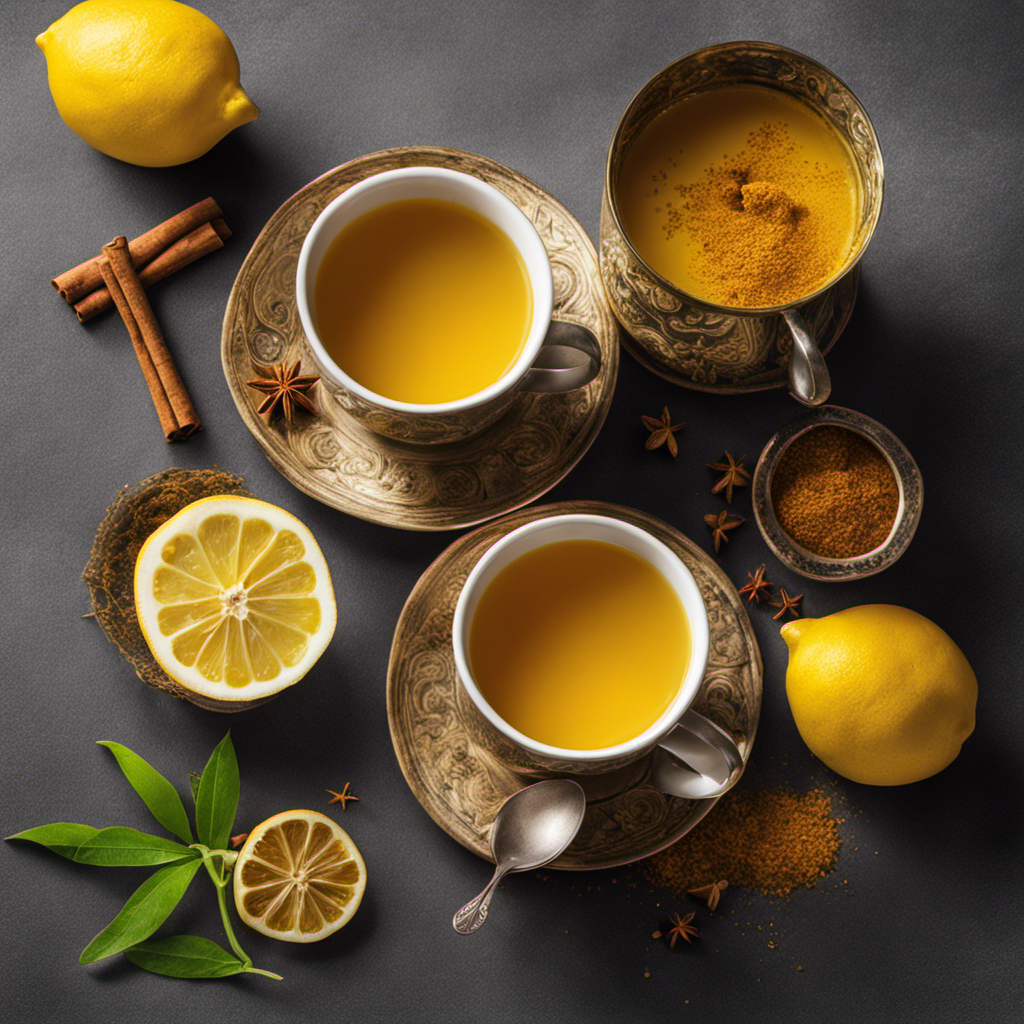 An image showcasing a steaming mug of vibrant golden turmeric tea, beautifully garnished with a fresh slice of lemon and a sprinkle of ground cinnamon, inviting readers to discover the best way to make this healthy and comforting beverage