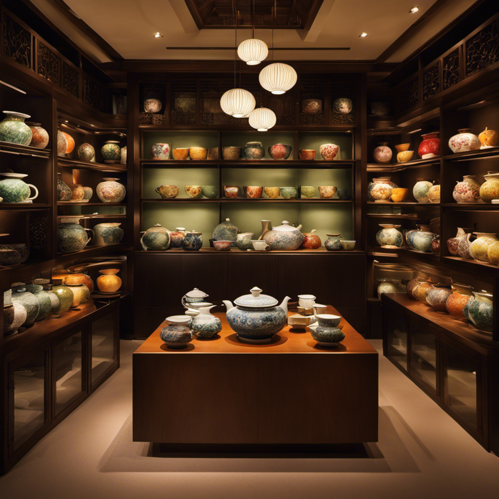 An image showcasing a serene teahouse filled with delicate porcelain tea sets, where customers are immersed in the art of tea ceremony, surrounded by shelves adorned with colorful and exotic tea leaves from around the world
