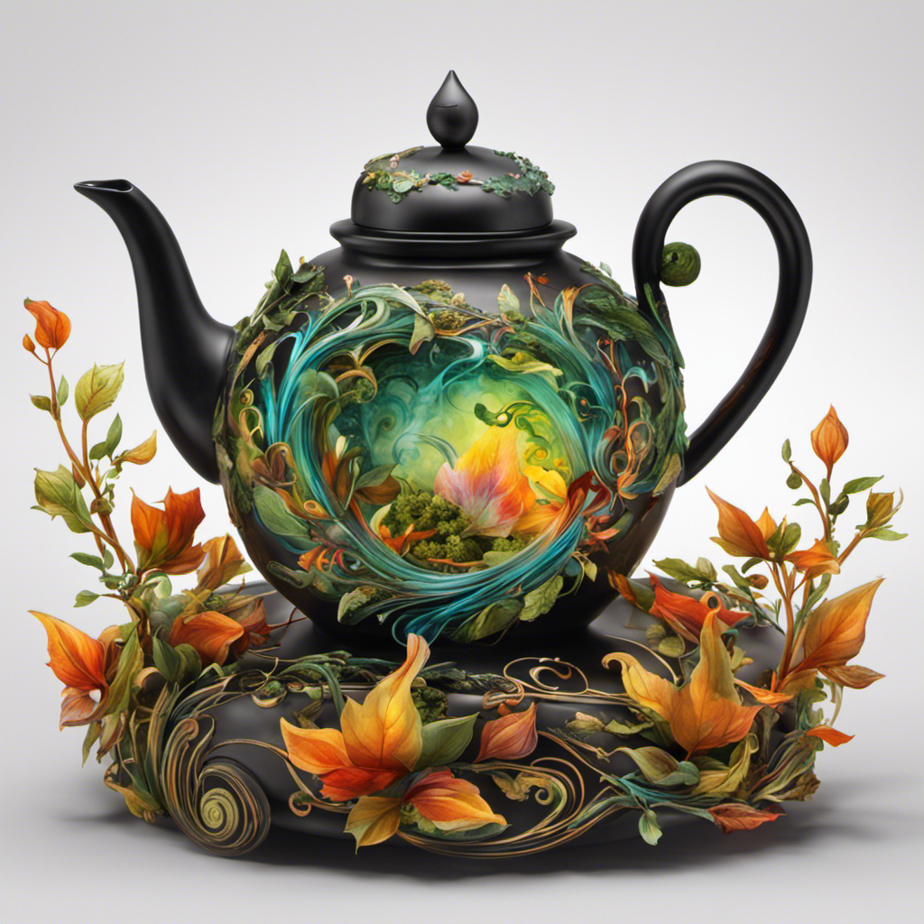 An image showcasing a mystical teapot with ethereal tendrils of steam intertwining with vibrant, swirling tea leaves