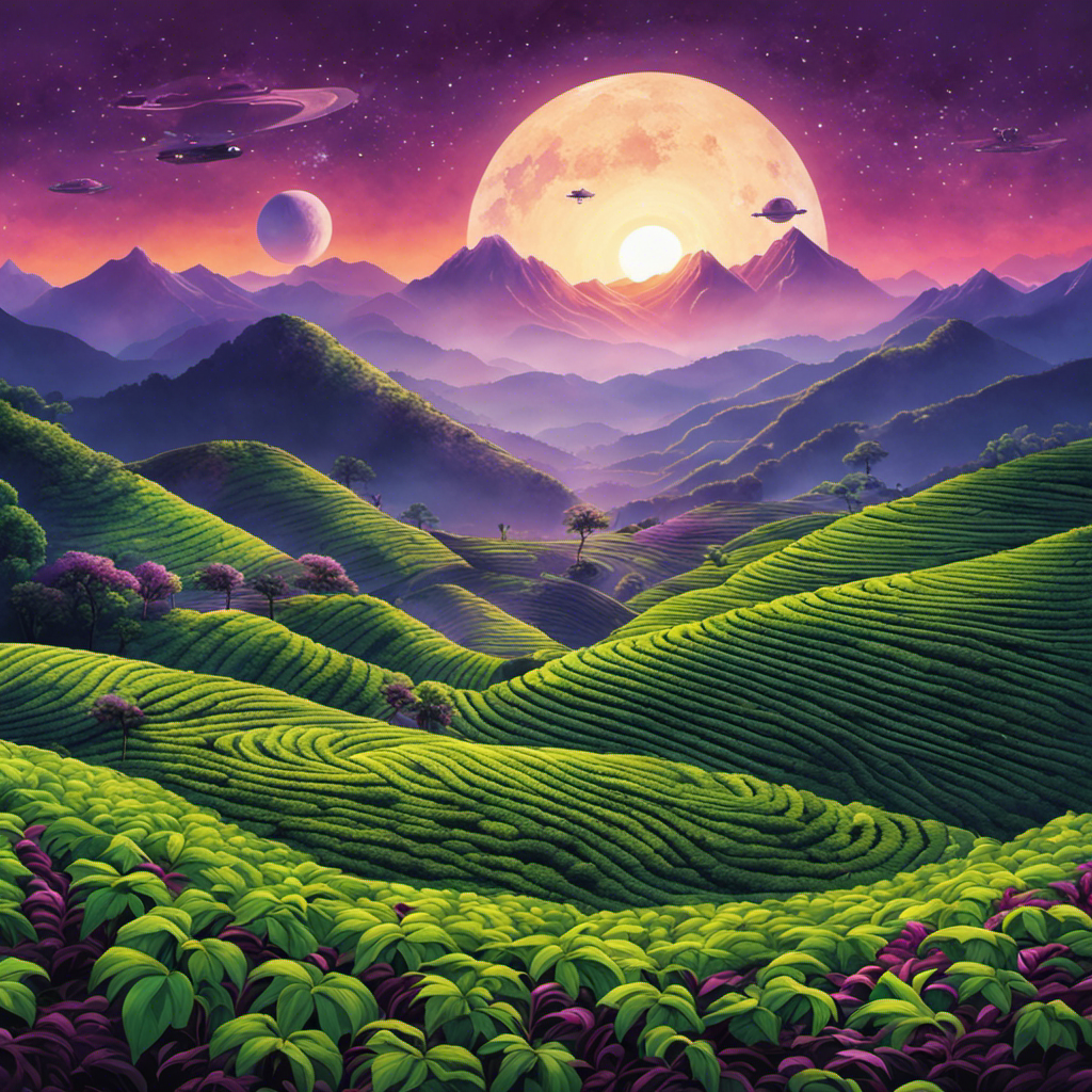 An image of a lush, otherworldly tea plantation, with vibrant alien tea leaves shimmering under a double sun, towering purple mountains in the backdrop, and sleek spacecraft hovering above, blending earthly nostalgia with cosmic intrigue