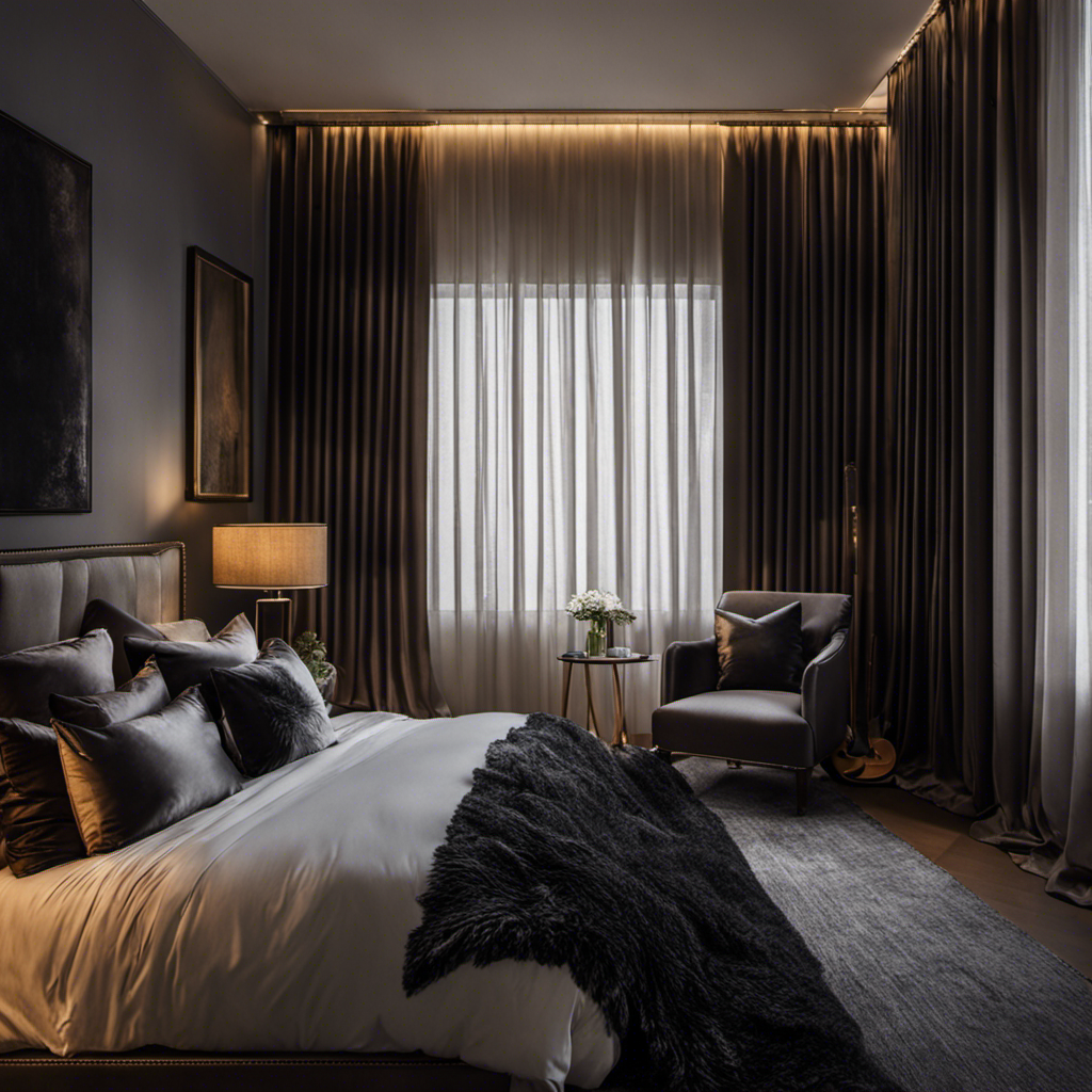 An image showcasing a dimly lit bedroom with BGment blackout curtains, elegantly draped over a window