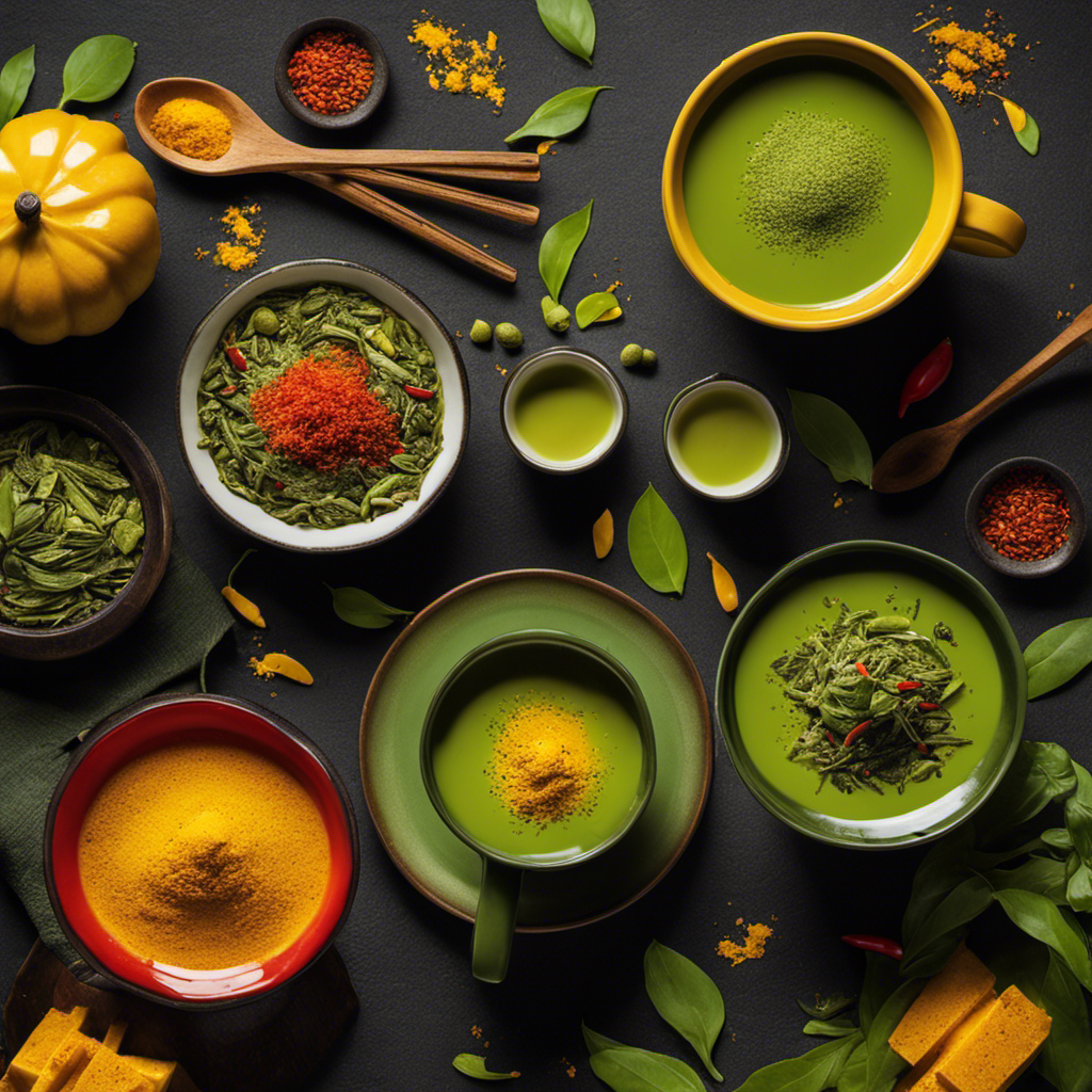 An image showcasing a steaming cup of Bigelow Benefits Refresh Turmeric Chili Matcha Green Tea, adorned with vibrant green tea leaves, a hint of turmeric, and a sprinkle of chili flakes for added warmth and flavor