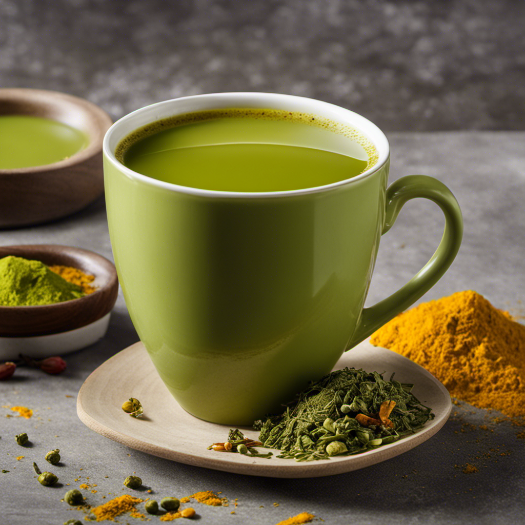 An image showcasing a vibrant cup of Bigelow Benefits Turmeric Chili Matcha Green Tea