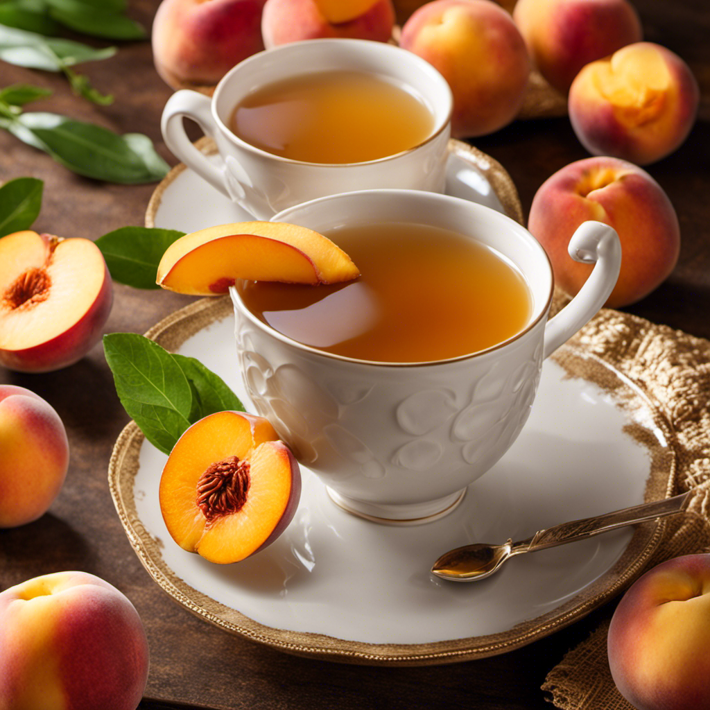 An image showcasing a steaming cup of Bigelow Ginger Peach Turmeric Tea, radiating warmth and aroma