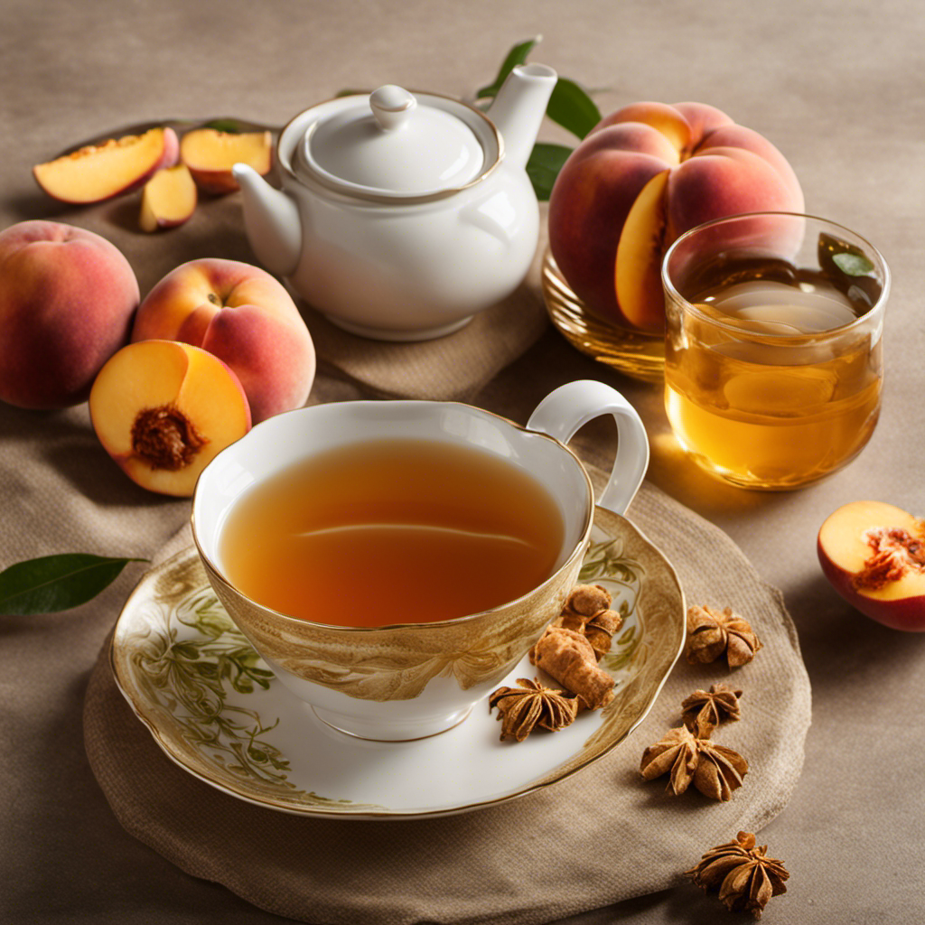 An image showcasing a steaming cup of Bigelow Ginger Peach Turmeric Tea, with vibrant golden hues gently swirling amidst juicy peach slices, aromatic ginger, and delicate tea leaves, evoking a sense of warmth, freshness, and invigorating flavors
