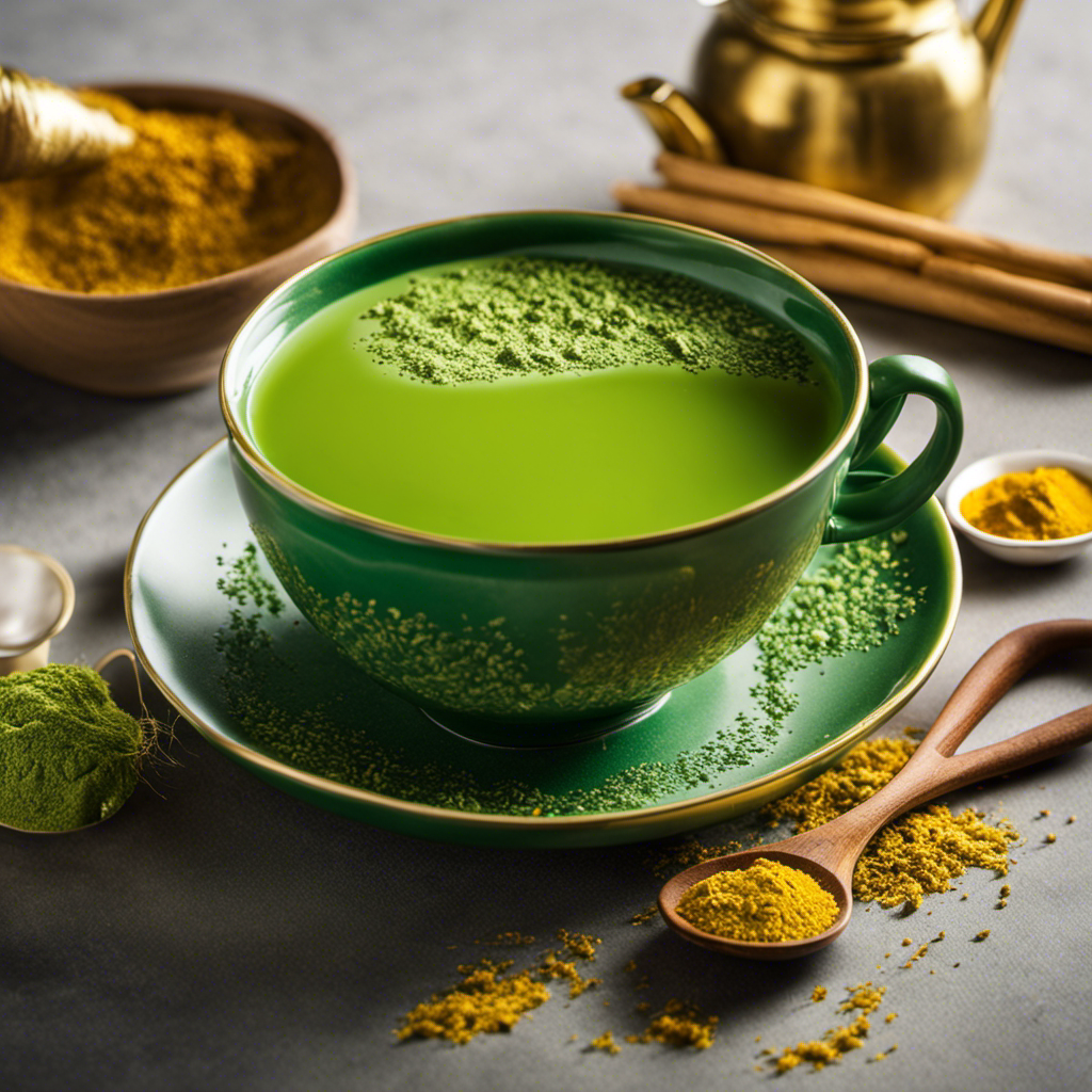 An image showcasing a vibrant cup of Bigelow Matcha Green Tea, radiating a brilliant emerald hue, adorned with delicate strands of golden turmeric