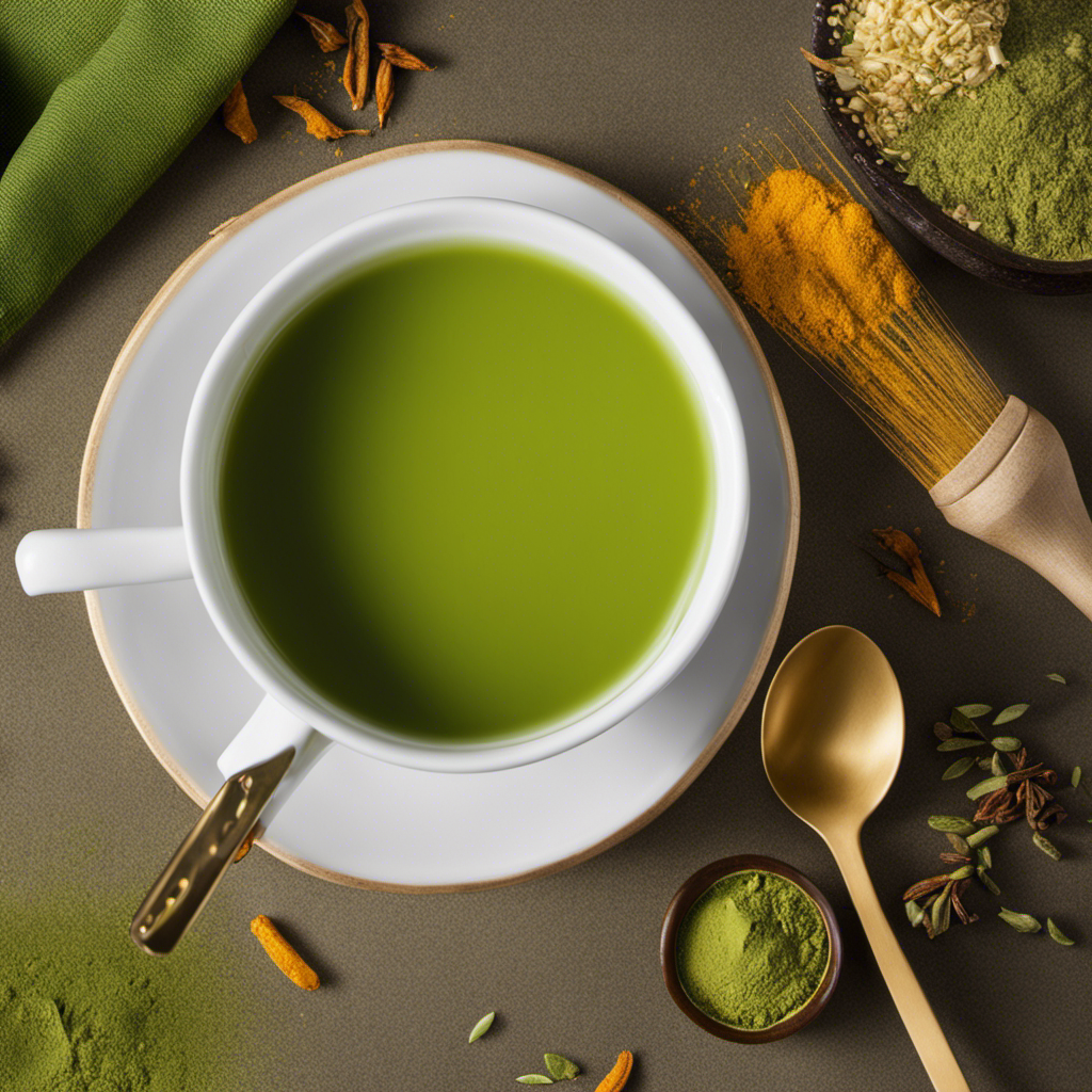 An image showcasing a vibrant, steaming cup of Bigelow Matcha Green Tea With Turmeric