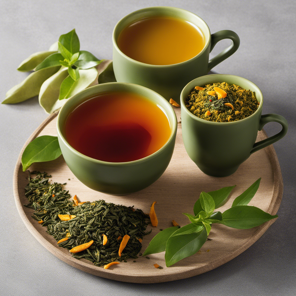 A vibrant image showcasing a steaming cup of Bigelow Turmeric Chili Matcha Green Tea