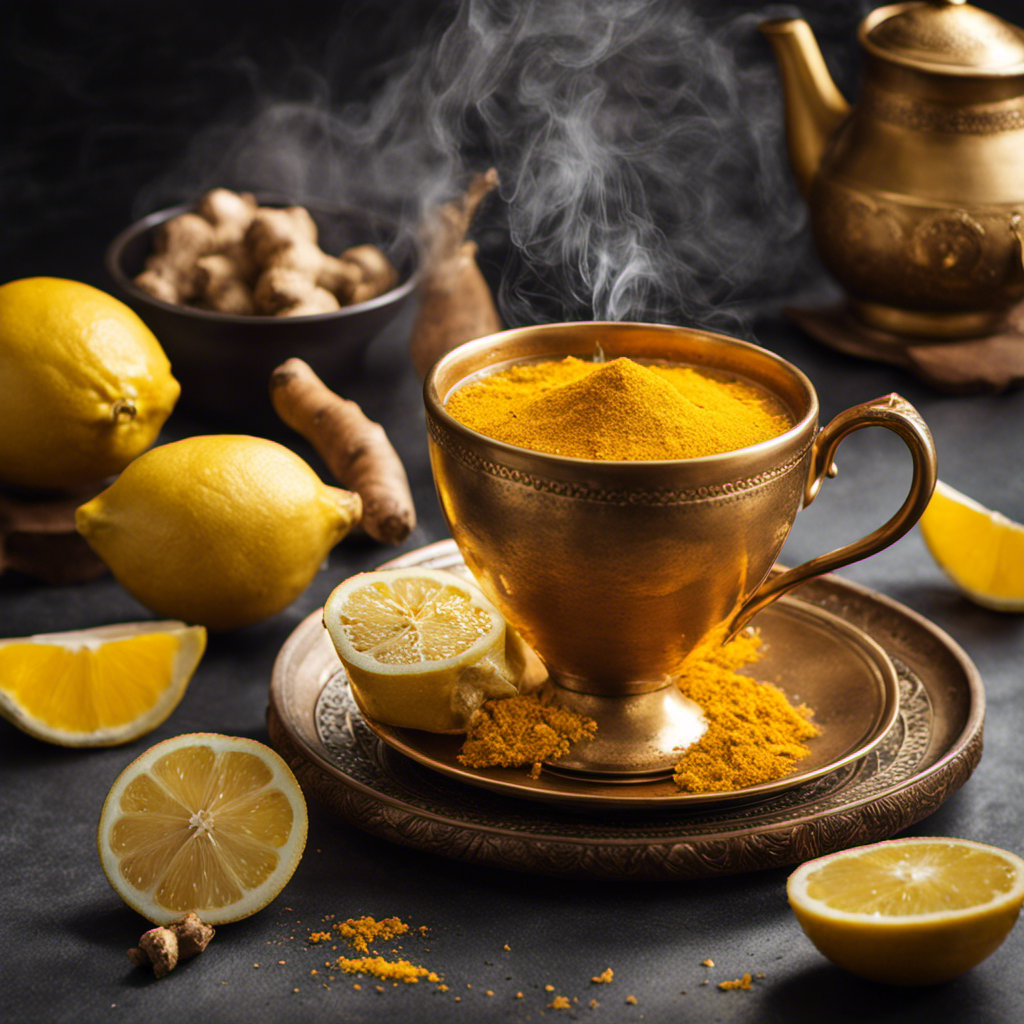 An image that portrays the vibrant warmth of a golden cup filled with Bigelow Turmeric Ginger Tea, steam rising gently, surrounded by freshly grated ginger, sliced lemons, and a sprinkle of turmeric powder