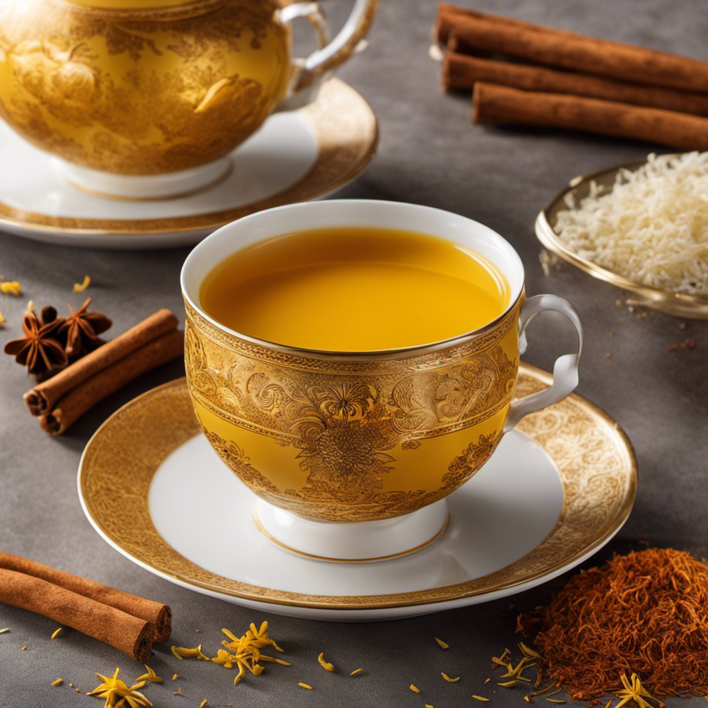 An image showcasing a vibrant cup of Bigelow Turmeric Tea – a golden hue engulfing the porcelain, tendrils of steam rising, and a scattering of freshly grated turmeric and cinnamon as embellishments