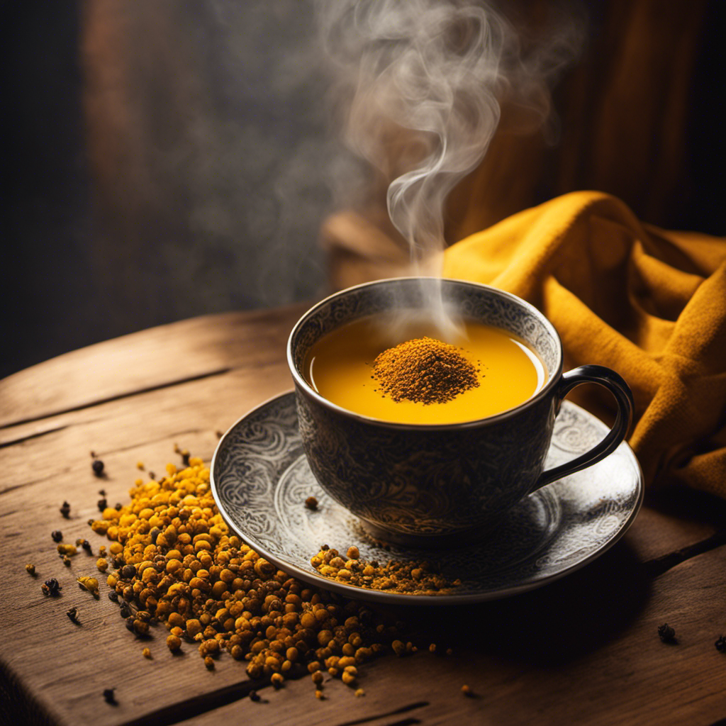 An image featuring a steaming cup of golden turmeric tea, adorned with a vibrant swirl of black pepper