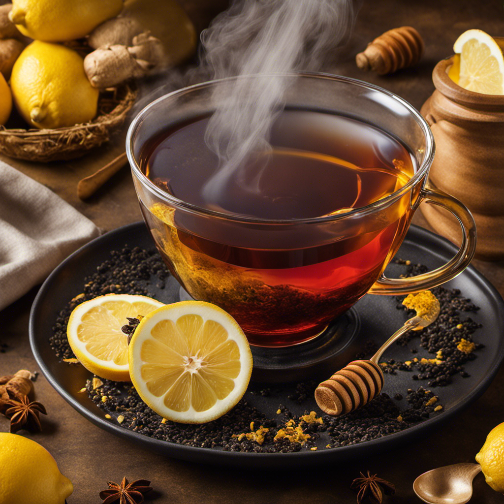 An image capturing a steaming black tea infused with the warm hues of ginger, turmeric, and black pepper, garnished with slices of vibrant lemon, and drizzled with golden honey