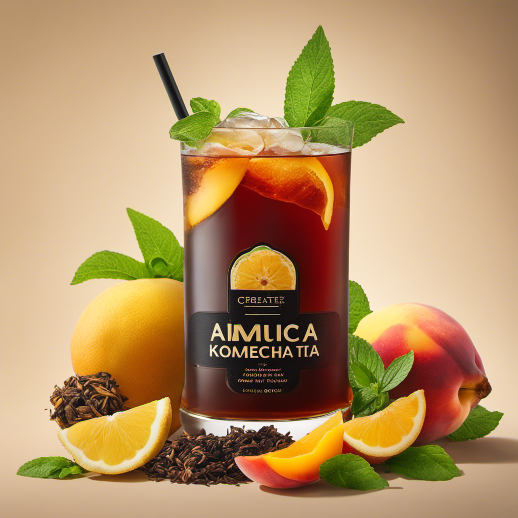 An image showcasing a tall glass filled with dark amber Black Tea Kombucha, surrounded by vibrant slices of fresh ginger, tangy lemon wedges, fragrant mint leaves, and ripe juicy peaches