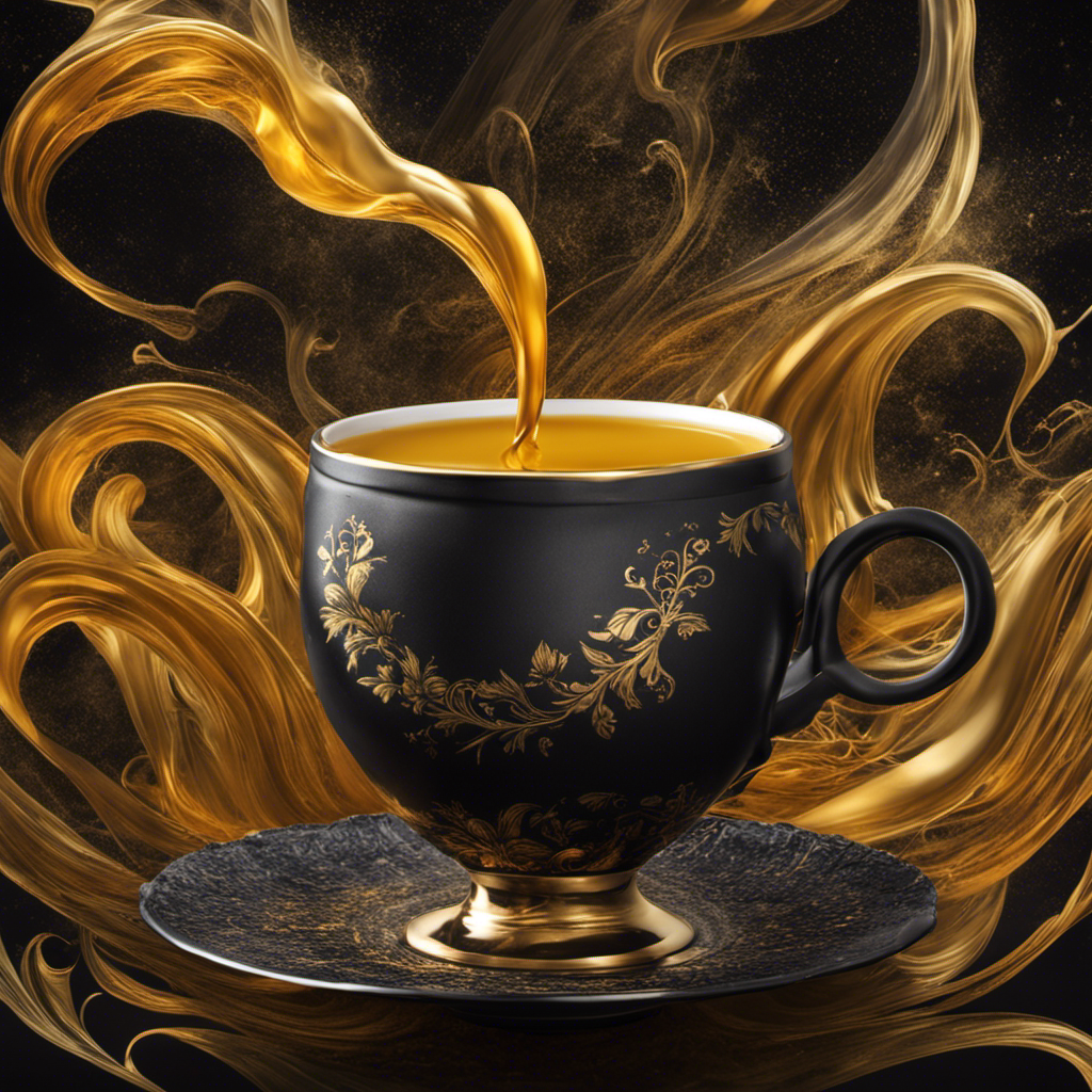 An image showcasing a steaming cup of Black Turmeric Tea, with vibrant golden hues swirling amongst the jet-black liquid