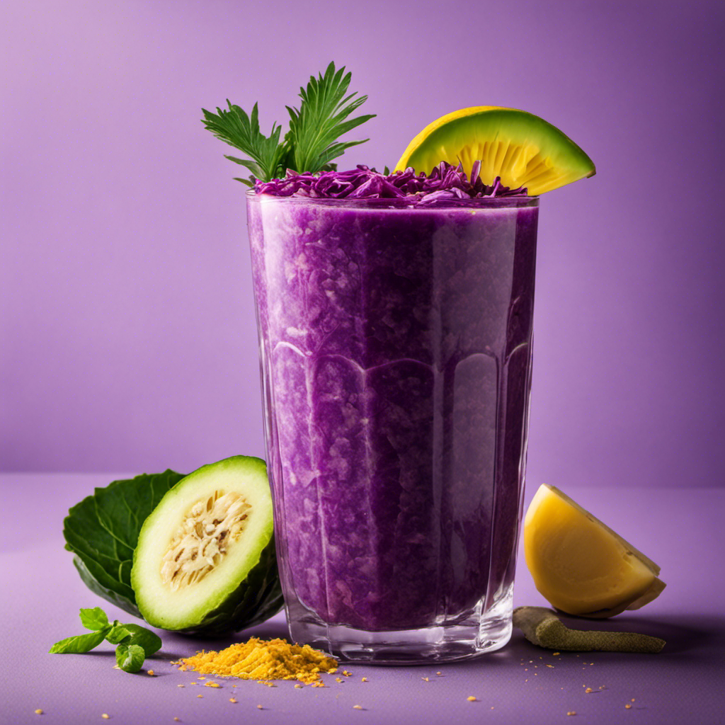 An image depicting a vibrant, refreshing smoothie consisting of finely shredded purple cabbage, crisp cucumber slices, golden turmeric powder, ripe bananas, soothing aloe vera gel, luscious honey, and a hint of freshly brewed green tea
