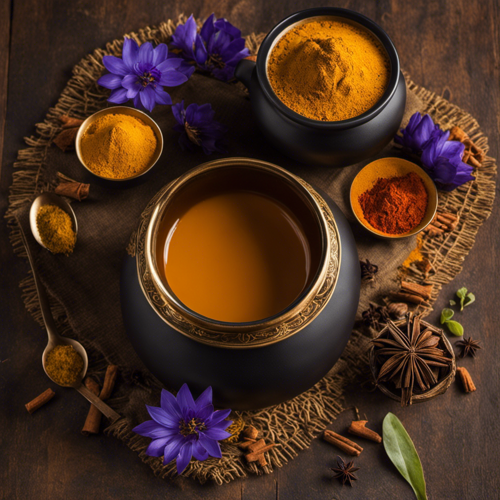 An image that captures the essence of Blue Lotus Chai's Golden Turmeric Masala Black Tea Dry Mix - a vibrant, aromatic blend of golden turmeric, exotic spices, and rich black tea, enticingly displayed in a rustic, handcrafted clay pot
