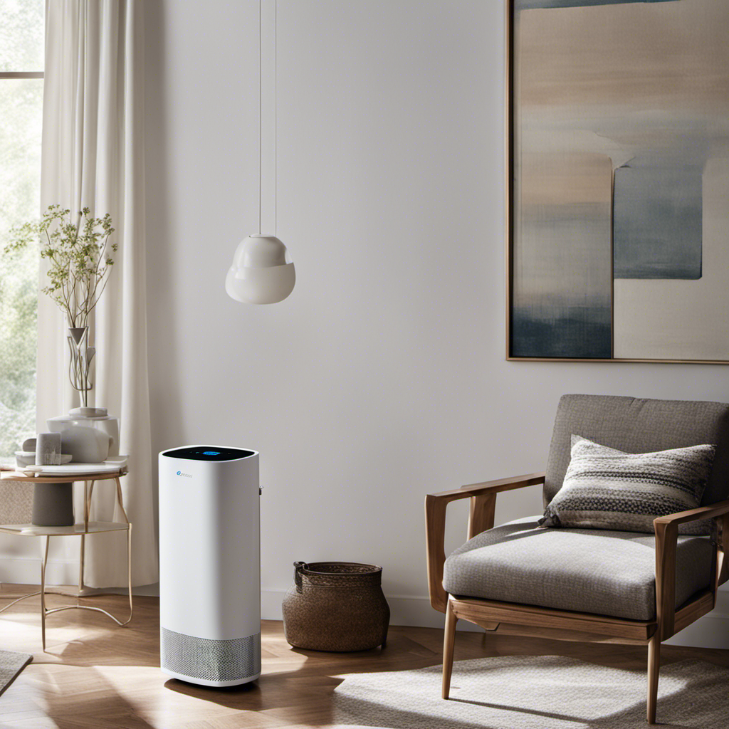 An image showcasing the Blueair 511 Air Purifier in a well-lit living room, capturing the device quietly purifying the air