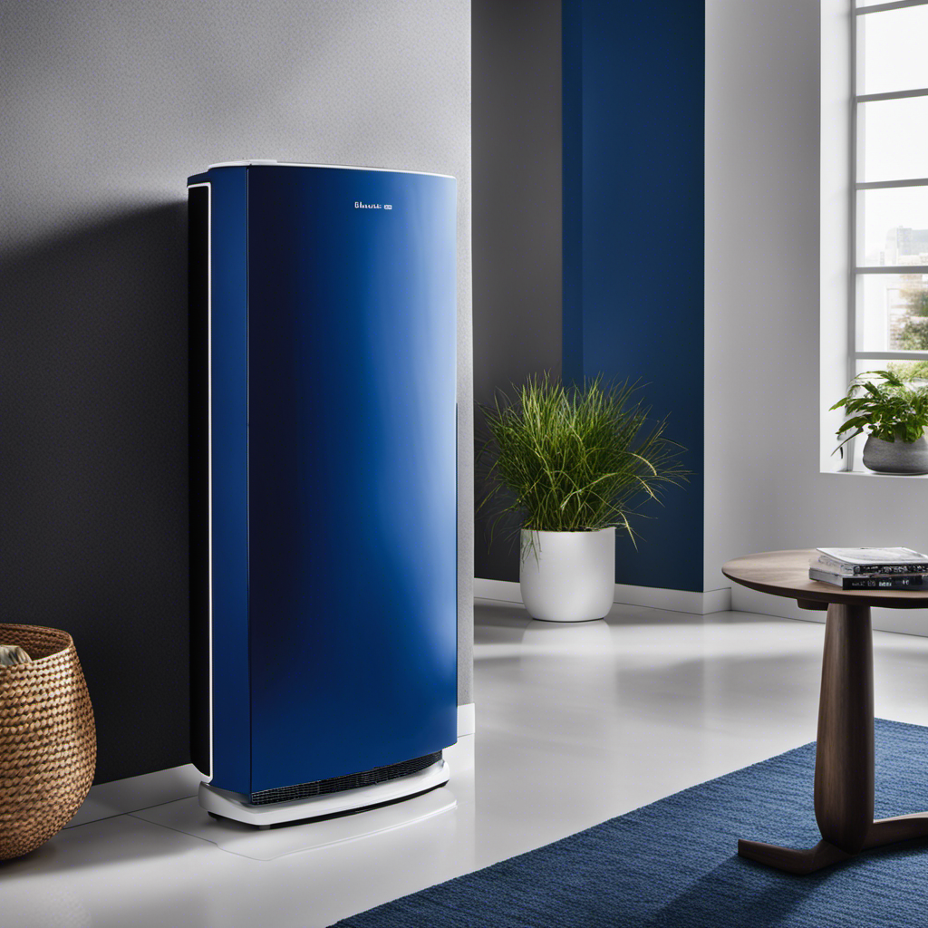 An image showcasing the sleek, compact design of the Blueair Blue Pure 411 filter, with its striking cobalt blue exterior, complemented by the contrasting white air vents and controls