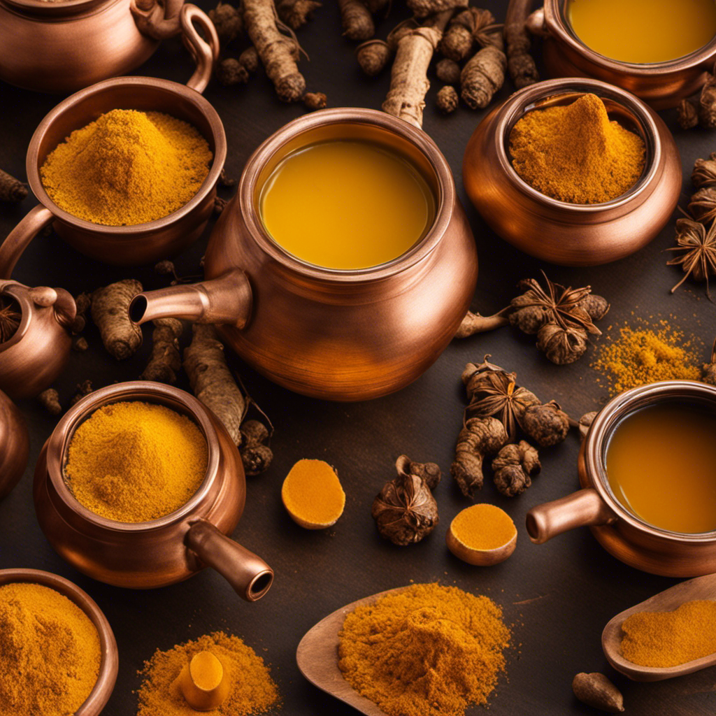 An image showcasing the process of boiling vibrant turmeric roots in a copper pot, releasing a warm golden hue