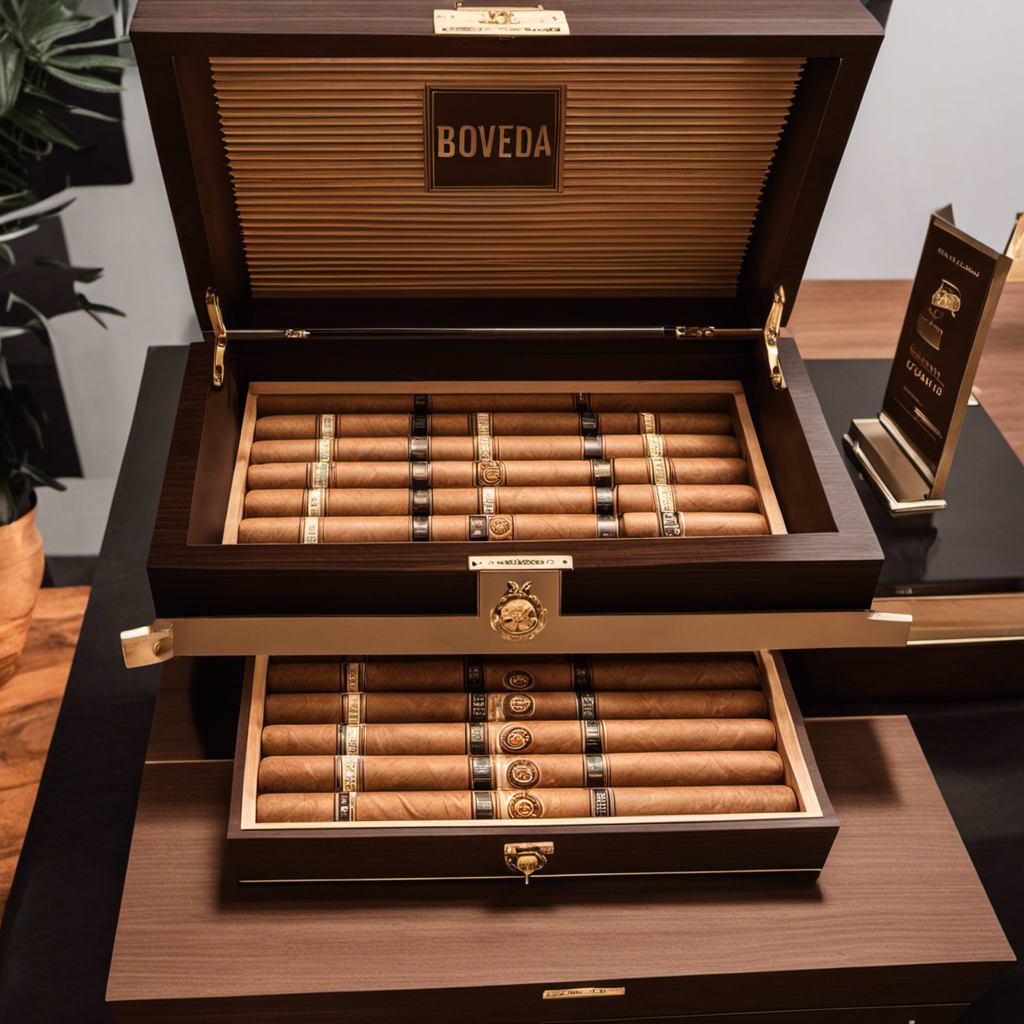 An image showcasing a pristine, temperature-controlled humidor lined with Boveda 62% RH Humidity Control Packs, maintaining cigars in perfect condition