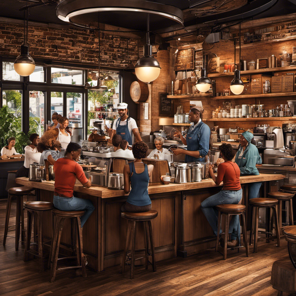 an image of a bustling coffee shop, where diverse individuals from all walks of life gather together, engaged in animated conversations, laughter filling the air