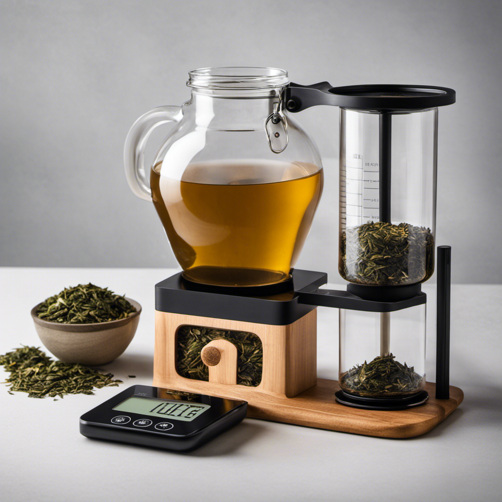 An image showcasing a precise measurement of loose tea leaves being weighed on a digital scale, with a glass jar and a measuring spoon nearby