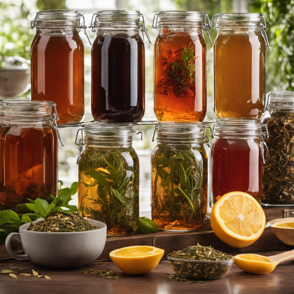 An image of a glass jar filled with freshly brewed kombucha, surrounded by a variety of loose tea leaves, accurately depicting the precise measurement needed for brewing a 1-gallon batch