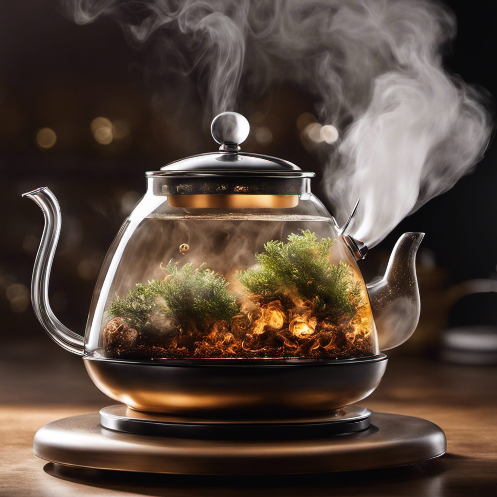An image showcasing a steaming teapot with swirling wisps of steam, alongside a timer displaying minutes ticking by