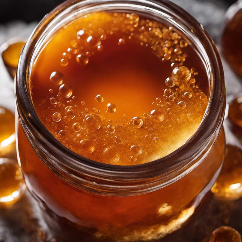 An image showcasing a glass jar filled with deep amber-colored liquid, surrounded by a cluster of healthy-looking kombucha SCOBYs