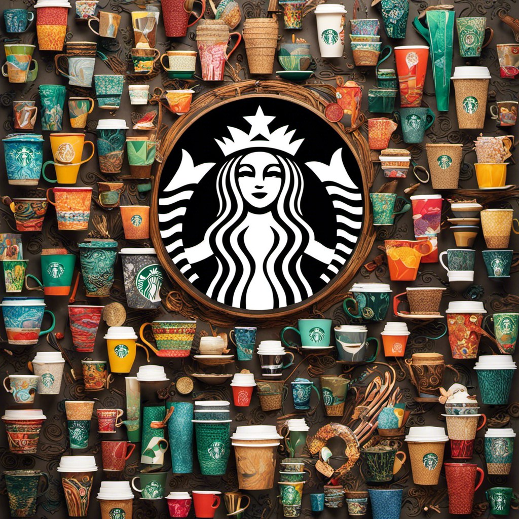 An image featuring a vibrant mosaic of Starbucks cups adorned with diverse patterns and designs, surrounded by various innovative objects like a paintbrush, musical instrument, camera, and 3D printer, symbolizing the top 10 captivating Starbucks collaborations