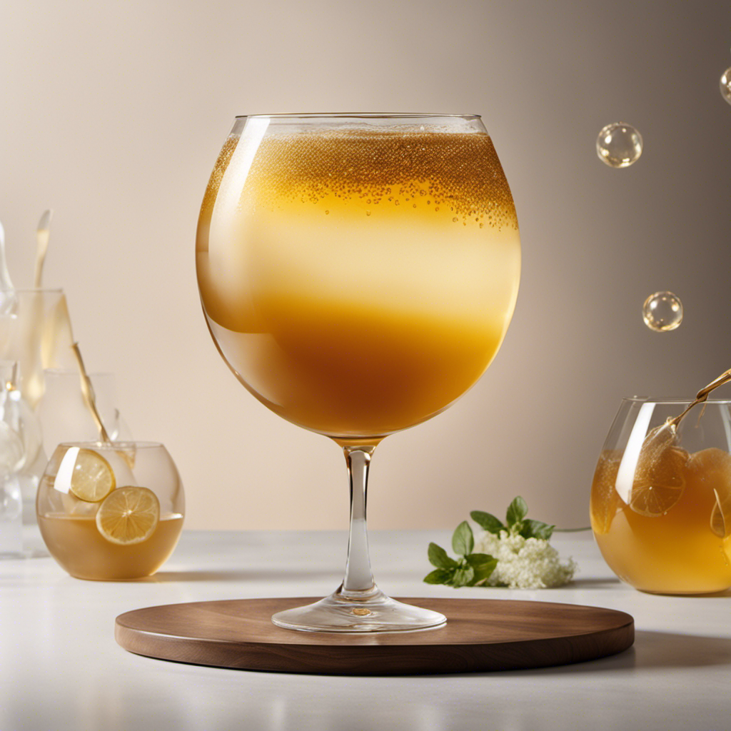 An image capturing the essence of Kombucha's effervescent charm: a mesmerizing glass filled with golden liquid swirling with delicate bubbles, rising like ethereal orbs, reflecting the play of light and shadows