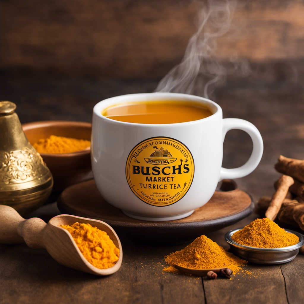 An image showcasing a steaming cup of Busch's Market Turmeric Tea, exuding a vibrant golden hue