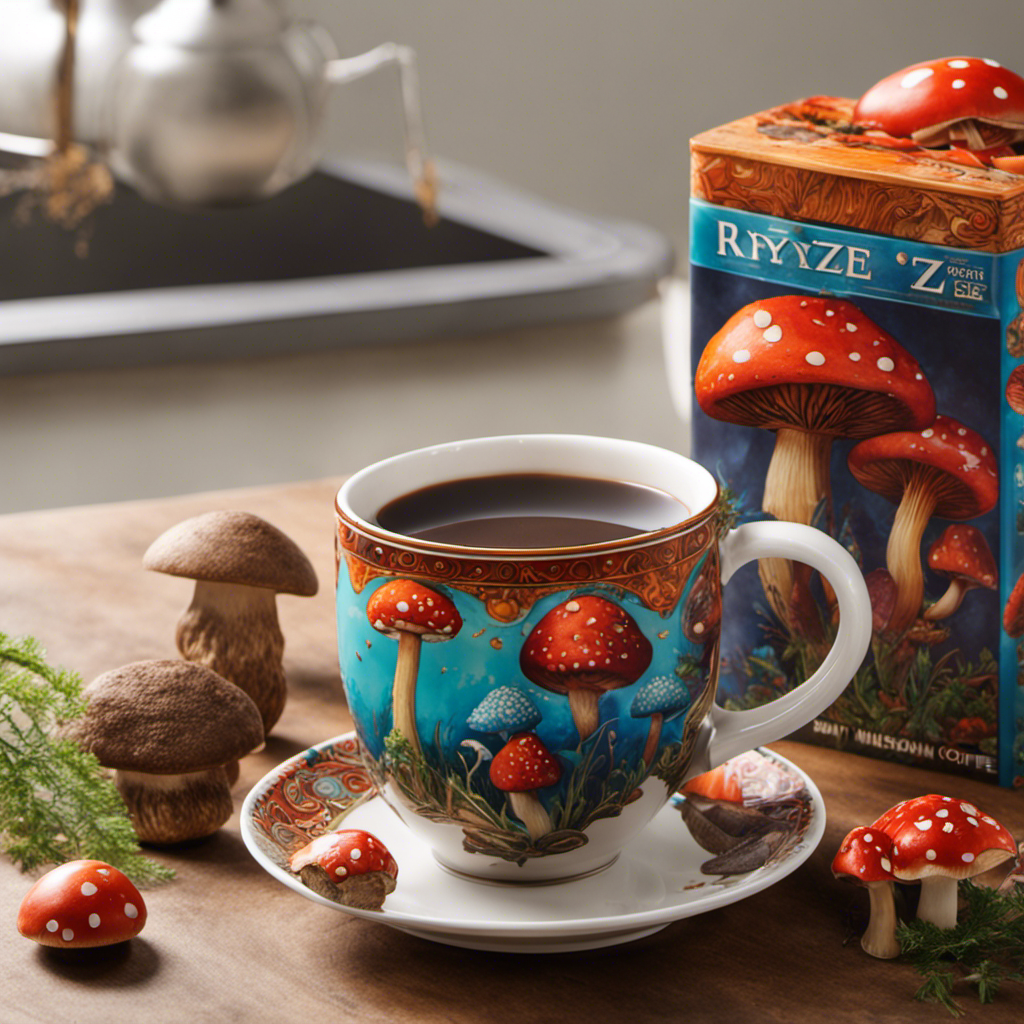 An image showcasing a rich, aromatic cup of Ryze Mushroom Coffee, steam gently rising from the mug