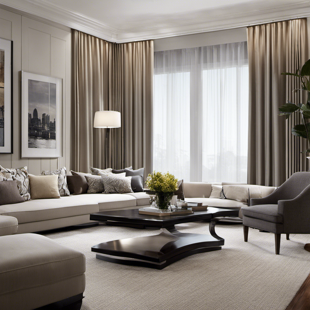 An image showcasing a sleek living room with natural light pouring in, featuring Byondeth Curtain Rods in action