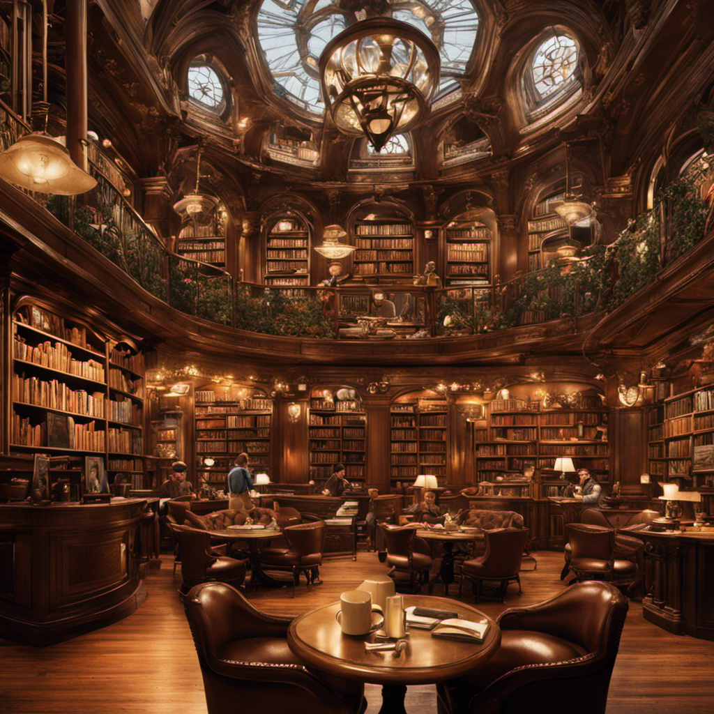 An image showcasing an ornate coffeehouse interior, filled with intellectuals engaged in deep conversations, surrounded by shelves of books, with artists sketching masterpieces and thinkers immersed in writing, all fueled by steaming cups of coffee