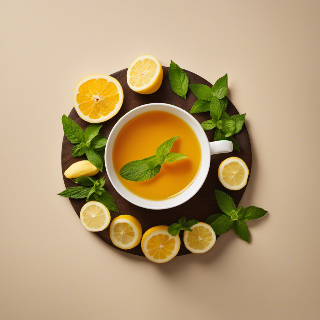 An image showcasing a vibrant cup of Caffeine Free Turmeric Tea Swanson, infused with warm hues of golden turmeric, accompanied by a slice of fresh lemon, and garnished with a sprig of aromatic mint