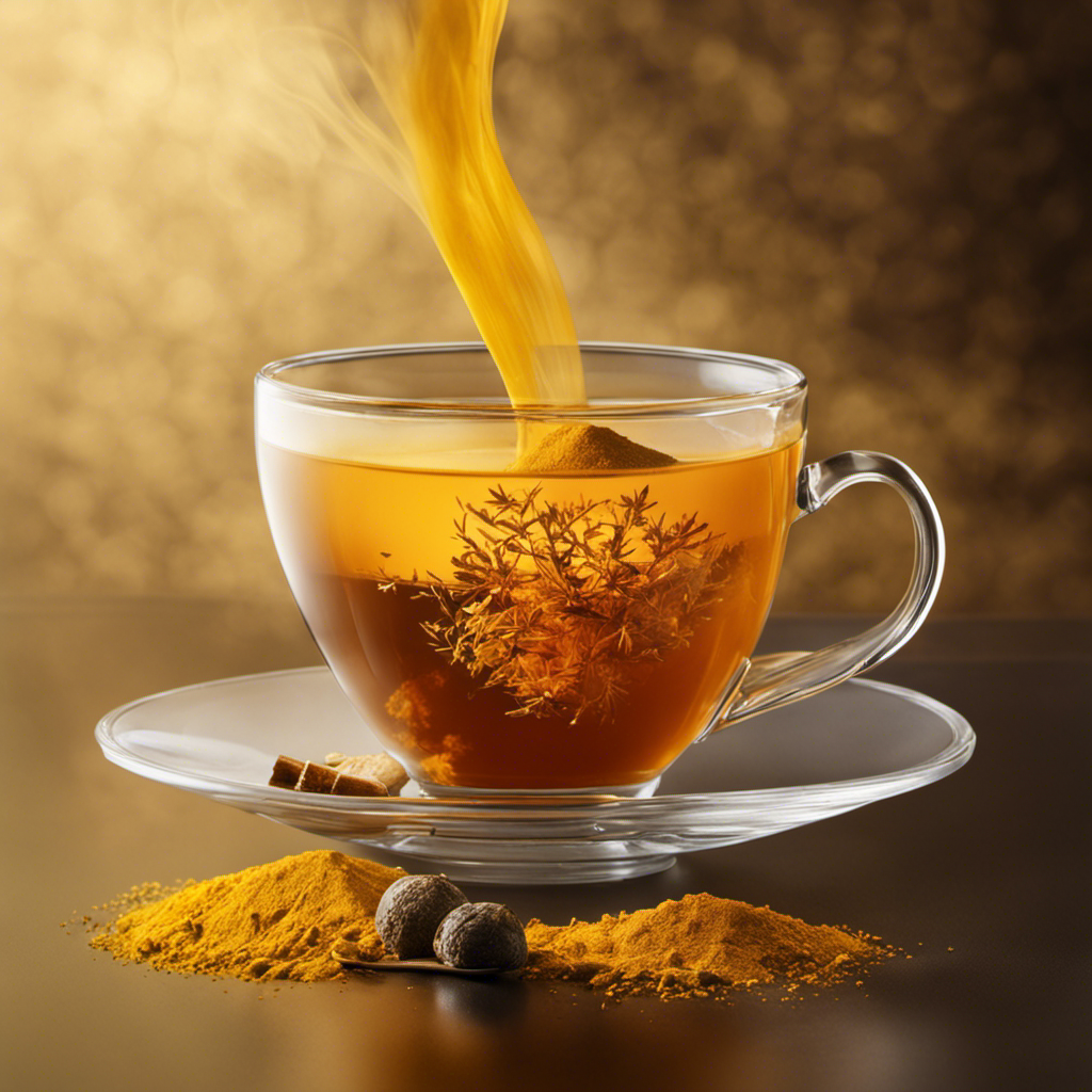 An image of a steaming cup of tea, with a teabag submerged in the golden liquid