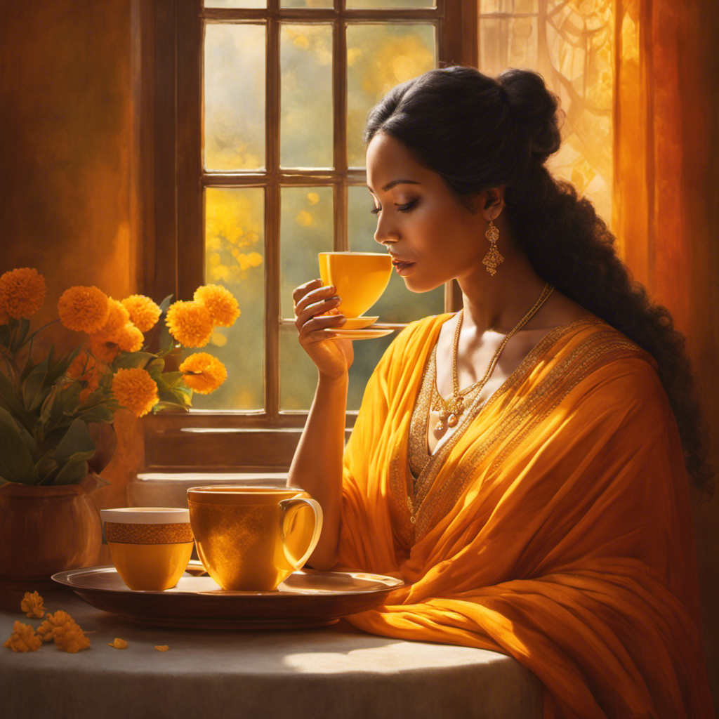 An image showcasing a serene, expectant mother gently cradling a steaming cup of aromatic ginger turmeric tea, surrounded by vibrant yellow and orange hues