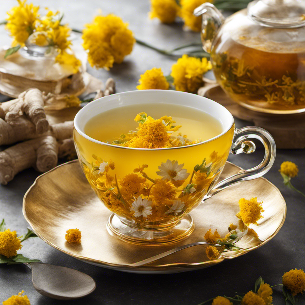 An image showcasing a vibrant teacup filled with rich, golden turmeric, fragrant meadowsweet flowers, and slices of zesty ginger submerged in steaming liquid, inviting readers to explore the compatibility of this infusion with Cipro medication