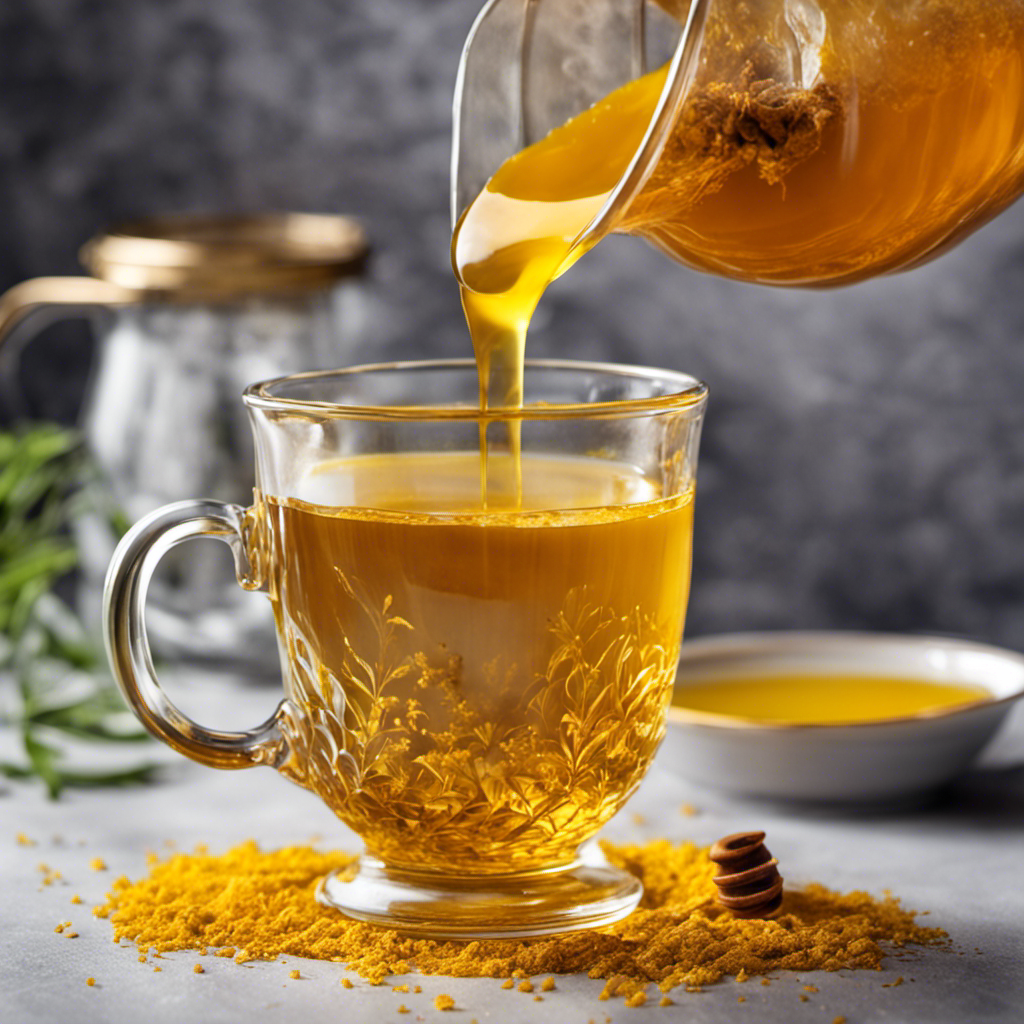 An image showcasing a steaming cup of vibrant yellow turmeric tea being gently poured into a delicate, translucent glass mug