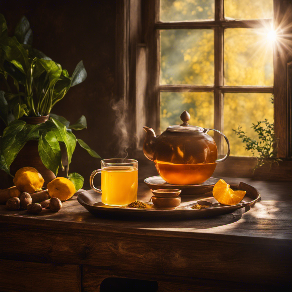 An image showcasing a serene, rustic kitchen scene: a steaming cup of vibrant turmeric tea beside a bottle of Advil