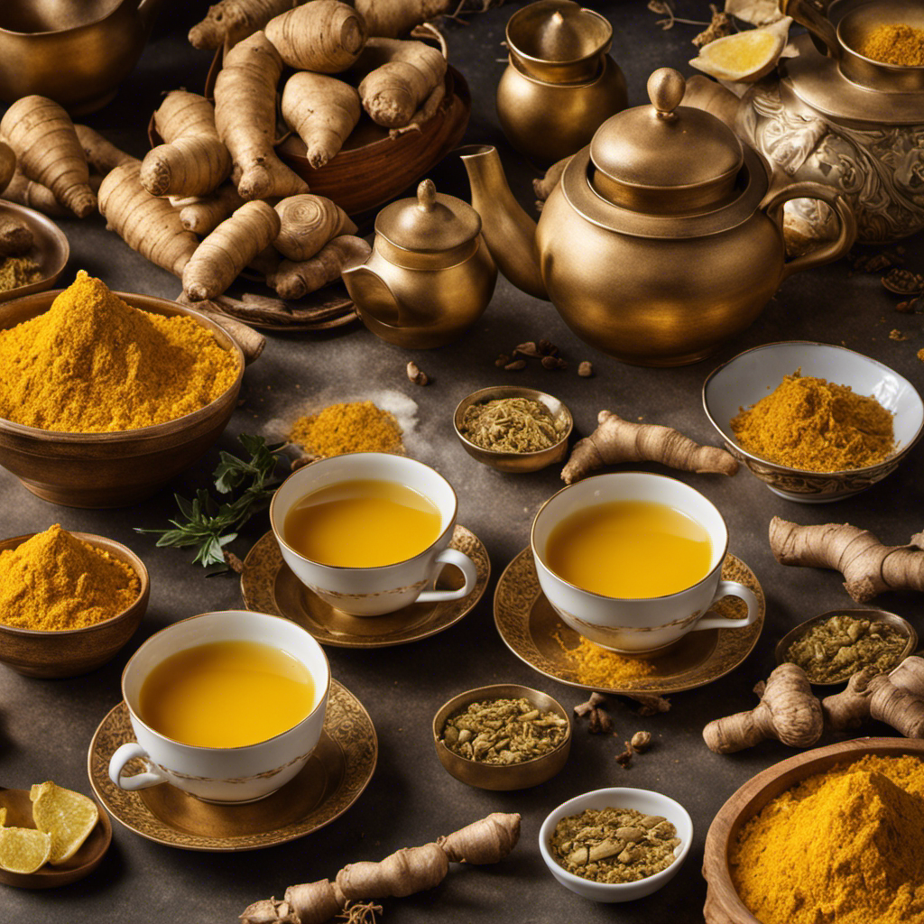 An image showcasing a vibrant ginger root and a golden turmeric root, gently steeping in separate teacups