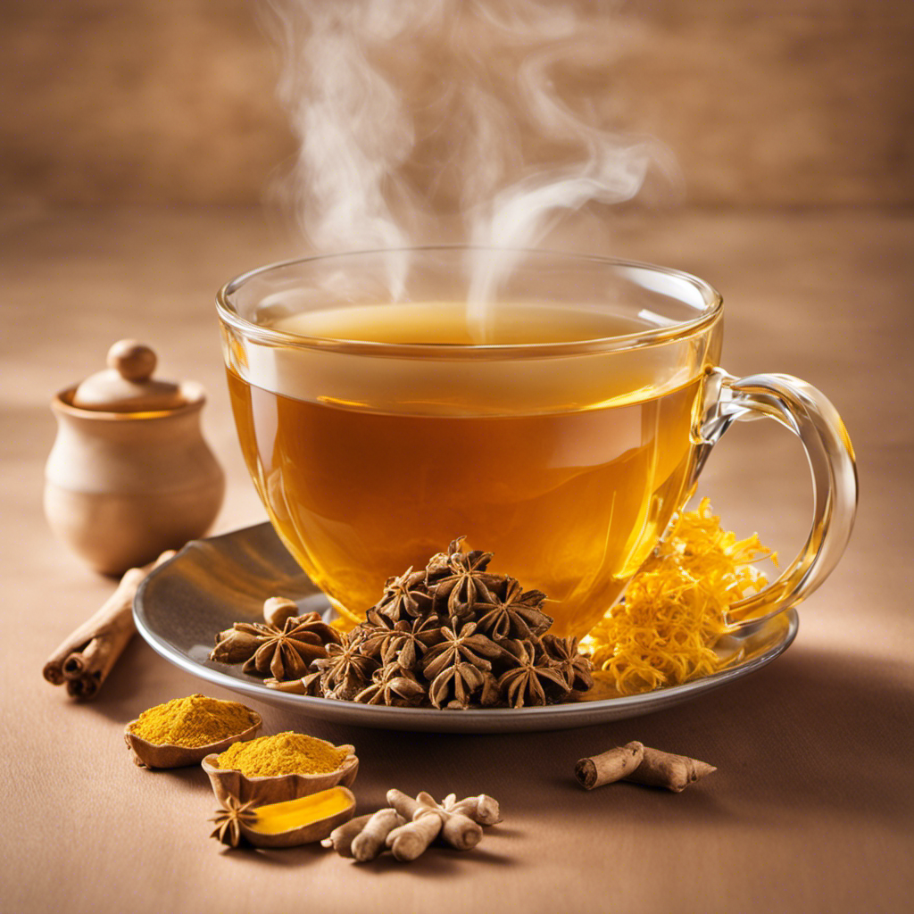 An image featuring a steaming cup of tea made with dried ginger and turmeric